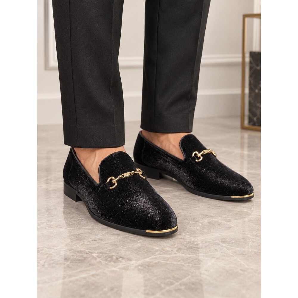 Men’s Size EU 42 Black Velvet Horsebit Loafers Gold-Tone Slip-On Dress Shoes